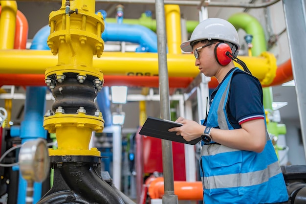 Technik konserwacyjny w zakładzie grzewczym Pracownicy petrochemiczni nadzorują eksploatację rurociągów gazowych i naftowych w fabryce Inżynierowie umieszczają ochronę słuchu w pomieszczeniu z wieloma rurociągami