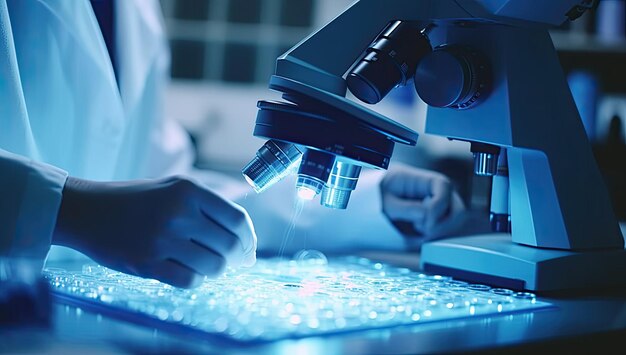 Technik laboratoryjny przeprowadza mikroskopijne badania bakteriologiczne, badania i badania z użyciem materiałów