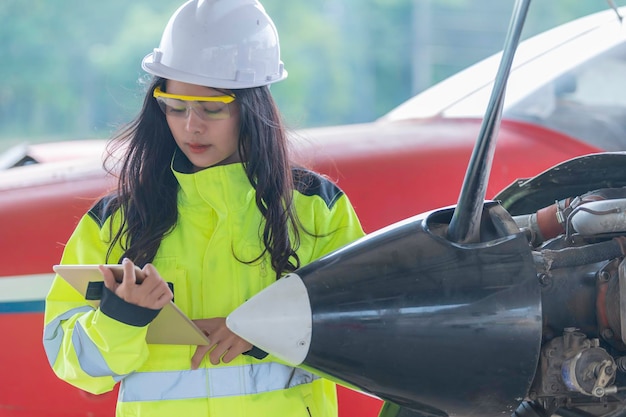 Technik naprawiający silnik samolotuKobieta inżynierka lotnicza sprawdzająca silniki lotniczeAzjatycka mechanika konserwacyjna sprawdzająca silnik samolotowy