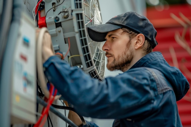 Technik naprawy anteny satelitarnej naprawiającą antenę satelitarną pokazując wiedzę na temat naprawy anteni satelitarnej