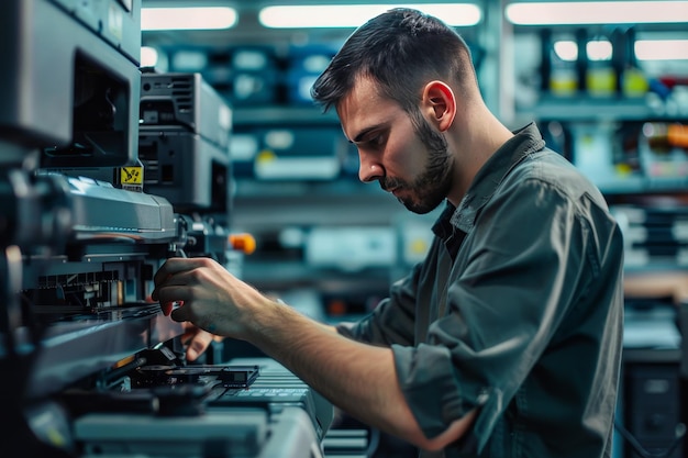 Technik naprawy drukarki naprawiający drukarkę, pokazując wiedzę na temat naprawy drukarki