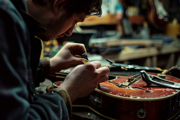 Technik naprawy instrumentów muzycznych naprawiający gitarę, pokazując umiejętności naprawy instrumentu