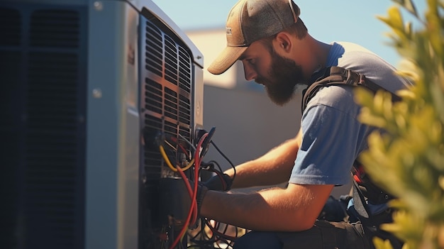 Technik pracujący nad klimatyzacją na zewnątrz w gorący słoneczny dzień pracownik HVAC