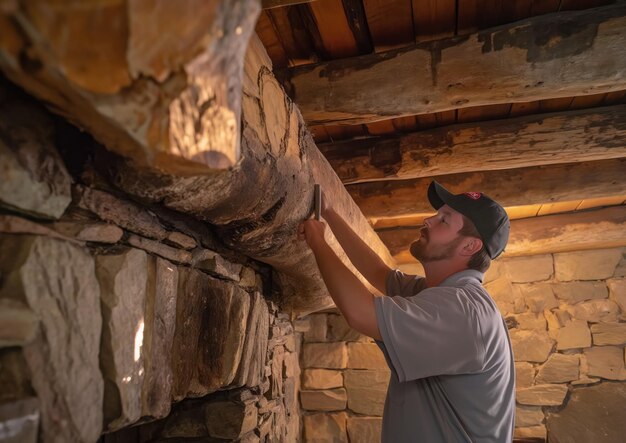 Technik przytulnej chaty z bali przeprowadza dokładną inspekcję domu w celu naprawy kominka