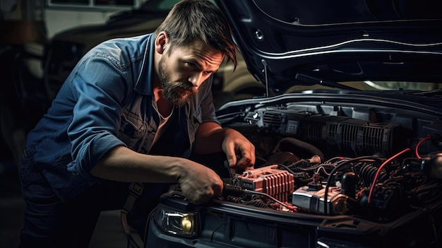 Technik samochodowy z zaangażowaniem instaluje nowy samochodowy system stereo, wprowadzając zaawansowaną technologię audio i wciągające wrażenia dźwiękowe do pojazdu Wygenerowane przez AI