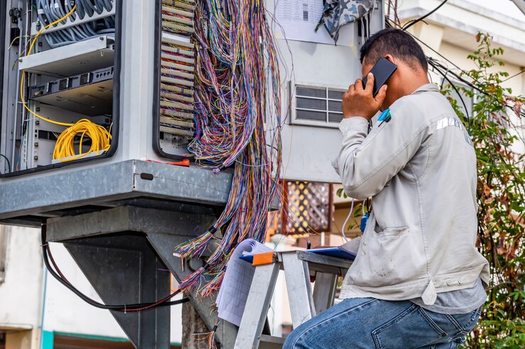 Technik telefoniczny sprawdza kabel koncentryczny