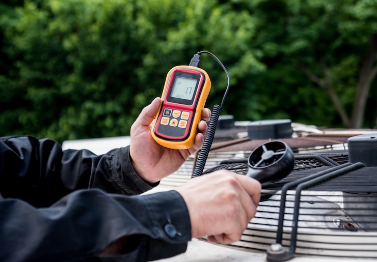 Zdjęcie technik używa ręcznego anemometru do pomiaru przepływu powietrza, prędkości i ciśnienia wiatru.