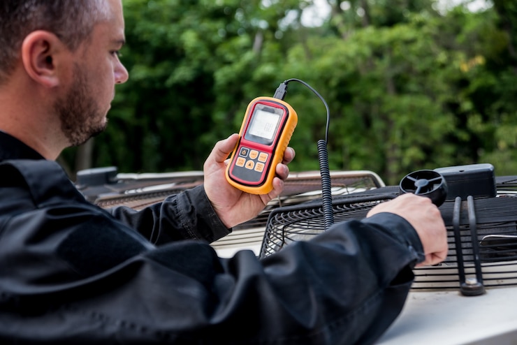 Zdjęcie technik używa ręcznego anemometru do pomiaru przepływu powietrza, prędkości i ciśnienia wiatru.