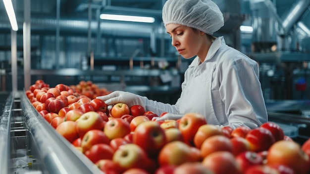 Technolog wykonujący kontrolę jakości produkcji jabłek w zakładzie przetwórstwa żywności