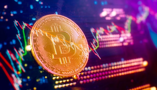 Technologia Blockchain Koncepcja wydobywania bitcoinów Bitcoin złota moneta na banerze na płytce drukowanej komputera