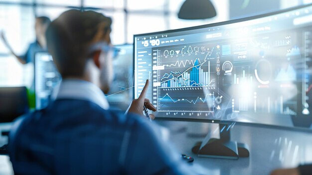 Zdjęcie technologia cyfrowa w biznesie i finansach w środowisku zawodowym, w którym analiza danych i komunikacja łączą się w świecie korporacyjnym