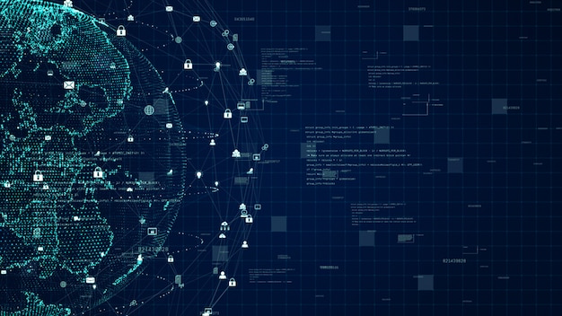 Technologia danych Połączenie danych, sieć danych cyfrowych i koncepcja bezpieczeństwa cybernetycznego. Element ziemi dostarczony przez NASA.