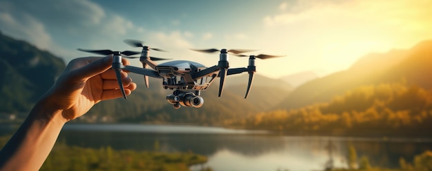 Technologia dronów lądująca w ludzkiej dłoni w panoramie natury Generative Ai