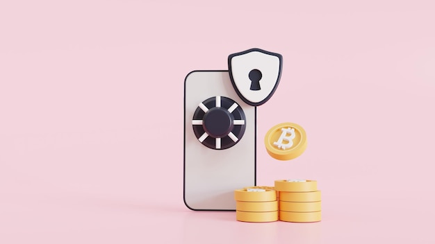 Technologia Elementy kryptowaluty bitcoin z włączonym telefonem chroni platformę Zarządzanie i obiekty handlowe przed handlem bitcoinami Ilustracja 3D