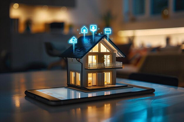 Zdjęcie technologia inteligentnego domu na smartfonie z miniaturowym domem internet rzeczy i domowa automatyzacja