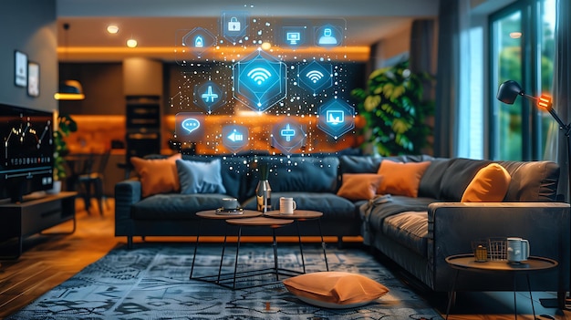 Zdjęcie technologia inteligentnego domu z podłączonymi urządzeniami i cyfrowymi ikonami świetliwy dom z symboliką