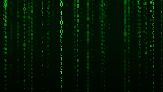 Technologia kod binarny Losowo spadające cyfry na ekranie Hakowane oprogramowanie Matrix sciense tło Analiza dużych danych Rendering 3D