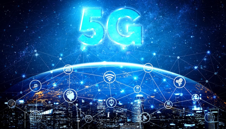 Zdjęcie technologia komunikacyjna 5g bezprzewodowa sieć internetowa dla globalnego wzrostu gospodarczego, mediów społecznościowych, cyfrowego handlu elektronicznego i rozrywki do użytku domowego.