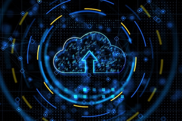 Technologia przetwarzania w chmurze i koncepcja przechowywania danych z cyfrowym graficznym świecącym niebieskim symbolem chmury ze strzałką w górę otoczoną abstrakcyjnymi niebieskimi i żółtymi okręgami renderowania 3D