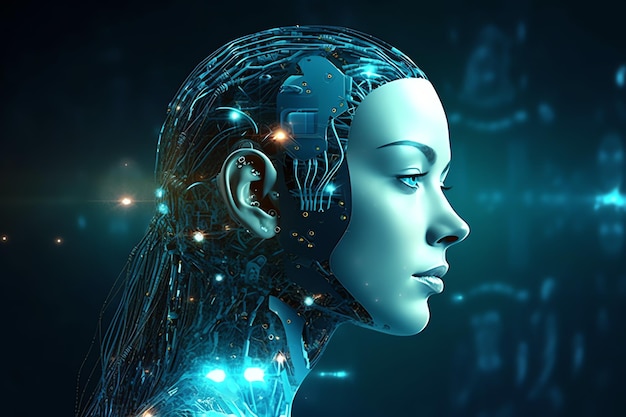 Technologia renderowania 3D, robotyka, analiza danych lub futurystyczny cyborg ze sztuczną inteligencją