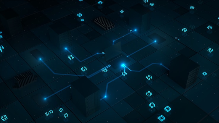 Zdjęcie technologia renderowania 3d tła. koncepcja z laptopem, tabletem, telefonem komórkowym i serwerami, które są ze sobą połączone. komunikacja i networking.