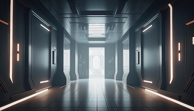 Zdjęcie technologia streszczenie korytarz neon światło tło pusta przestrzeń scena statek kosmiczny generacyjna ai