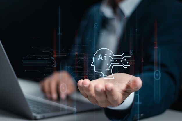 Technologia sztucznej inteligencji Biznesmen używa laptopa i posiada globalne narzędzia AI do łączenia sieci dużych danych, wykorzystując technologię sztucznej intelligencji do rozwiązywania problemów zawodowych