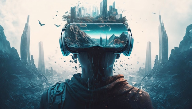 Technologia VR Headset z podwójną ekspozycją, meta-werset, futurystyczna sztuczna inteligencja