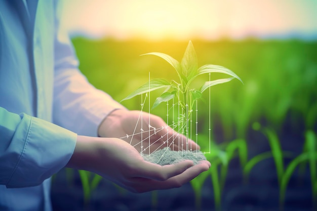 Technologie rolnicze do uprawy roślin i badania naukowe w dziedzinie biologii i chemii natury Żyjący zielony kiełek w rękach rolnika generuje ai