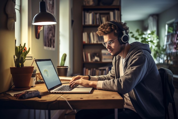 Zdjęcie techsavvy student college multitasking studiowanie i łączenie się online z domu