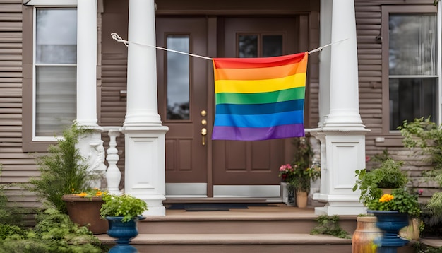 tęcza flaga wisi od przednich drzwi domu