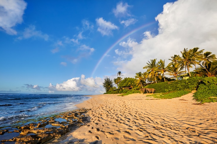 Zdjęcie tęcza nad popularnym miejscem do surfowania sunset beach, oahu, hawaje