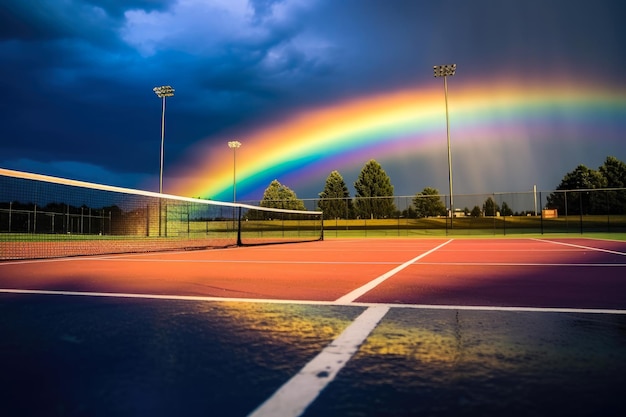 Tęcza pojawiająca się na niebie nad grą w pickleball dodając magiczny dotyk