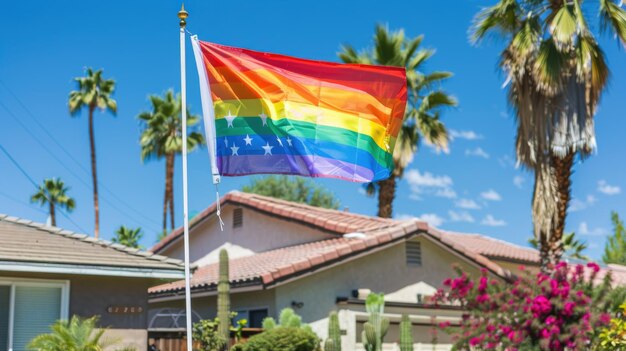 Tęczowa flaga dumy macha przed domem z palmami