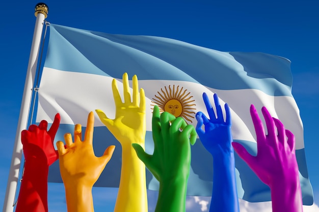 Tęczowe kolorowe dłonie społeczności lgbt przeciwko flagi Argentyny Argentyńska parada gejów koncepcja dumy wolność wybory głosowanie tęczowa flaga różnorodność renderowanie 3D