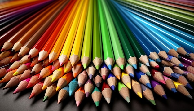 Tęczowe widmo kolorowych ołówków w rzędzie wygenerowane przez sztuczną inteligencję