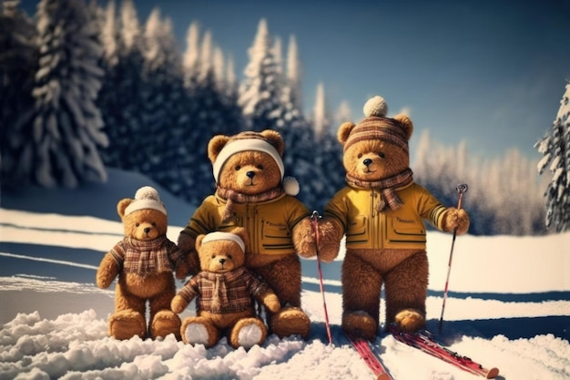 Teddy bear kids tata w rodzinie ośrodka narciarskiego Zimowe wakacje śnieżne tło Generative AI