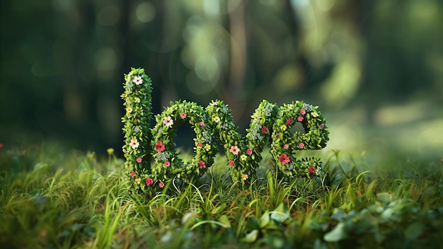 Tekst 3D Miłość wykonana z kwiatu Każda litera jest utworzona z kwiatu Za nią jest trawa i las
