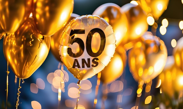 Zdjęcie tekst 50 ans w języku francuskim napisany na złotym balonie