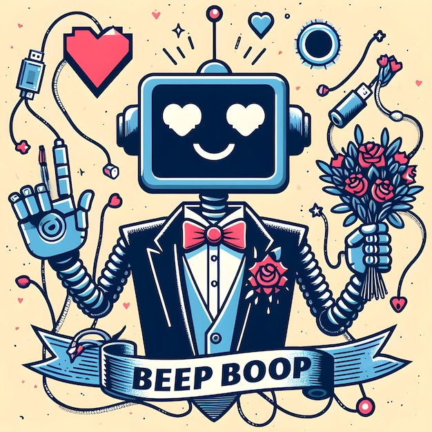 Tekst beep boop logo na Dzień Walentynek robota w garniturze