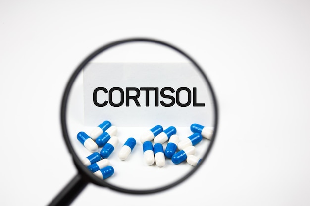 Tekst CORTISOL obok tabletek przez szkło powiększające Koncepcja produkcji hormonu CORTISOL