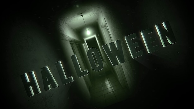 Zdjęcie tekst halloween na tle mistyczny horror z ciemnej sali pokoju, streszczenie tło. luksusowa i elegancka ilustracja 3d motywu horroru