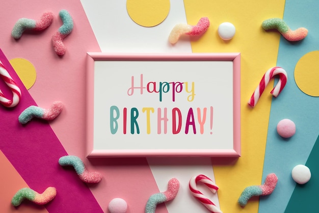 Tekst Happy Birthday w ramce na warstwowym kolorowym papierze Różne słodycze, czekoladki i laski cukierków wokół ramki Kolorowy projekt powitalny z copyspace