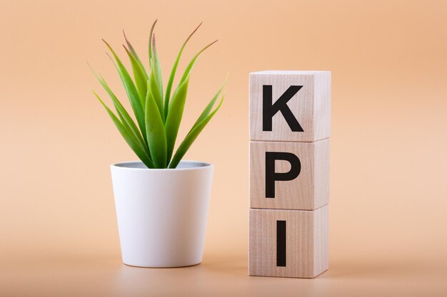 Zdjęcie tekst kpi na klockach drewnianych obok rośliny doniczkowej kluczowy wskaźnik wydajności koncepcja kpi