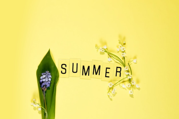 Zdjęcie tekst lato z liter i kwiatów rumianków polnych na żółtym tle