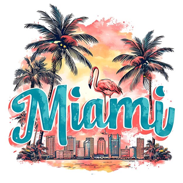 Tekst Miami z żywą i ekstrawagancką typografią w stylu Art Deco D Kolekcja akwareli Lanscape Arts