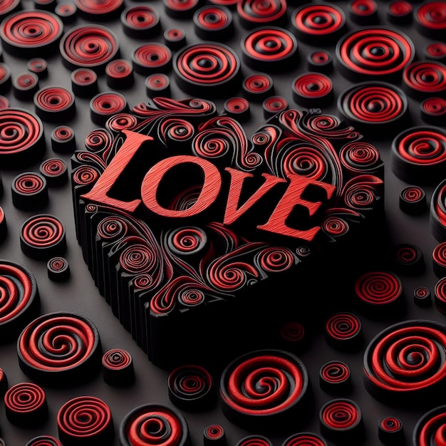 Zdjęcie tekst miłości w czerwonym sercu wydrukowanym czarnymi spiralami