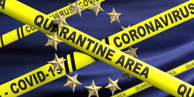 Zdjęcie tekst obszaru kwarantanny koronawirusa covid19 na żółtych paskach ostrzegawczych tło flagi ue ilustracja 3d