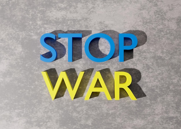 Tekst STOP WAR w kolorach ukraińskiej flagi niebieski i żółty na szarym tle Rosyjski konflikt ukraiński Ocal Ukrainę Zatrzymaj atak wojskowy Wsparcie dla kraju podczas okupacji Renderowanie 3D