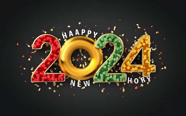 Tekst szczęśliwy nowy rok emboss tekst 2024 z tłem czerwony zielony czarny ogień praca biały żółty fu